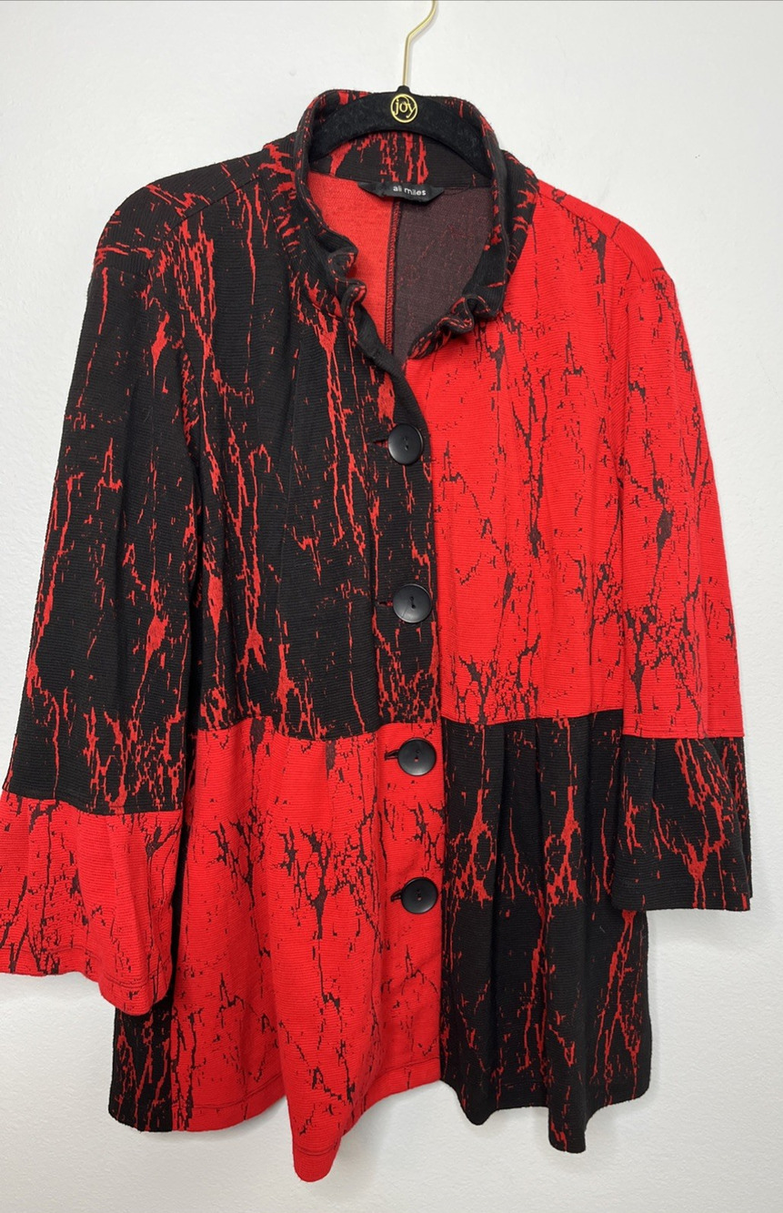 Ali Miles Top Shirt Cardigan Blouse Jacket Button Down Red Black Print Texture